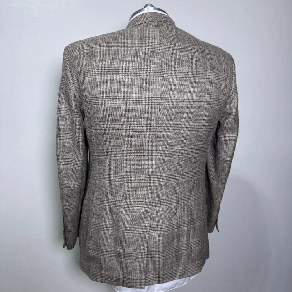 Jos. A. Bank Sport Coat Mens 43 RG Brown Glen Plaid‎ Wool Silk Linen Blazer